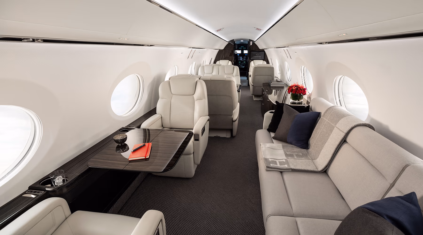 Gulfstream G500 forward cabin with leather seats and aircraft windows