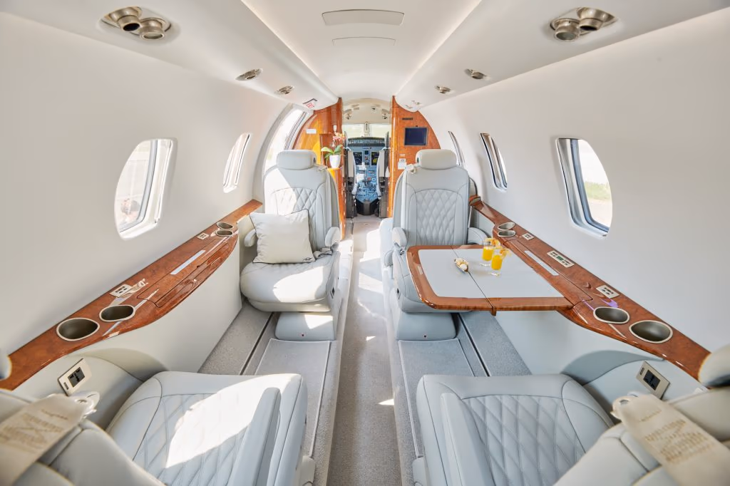 Citation XLS+ cabin with club seating and woodgrain finish