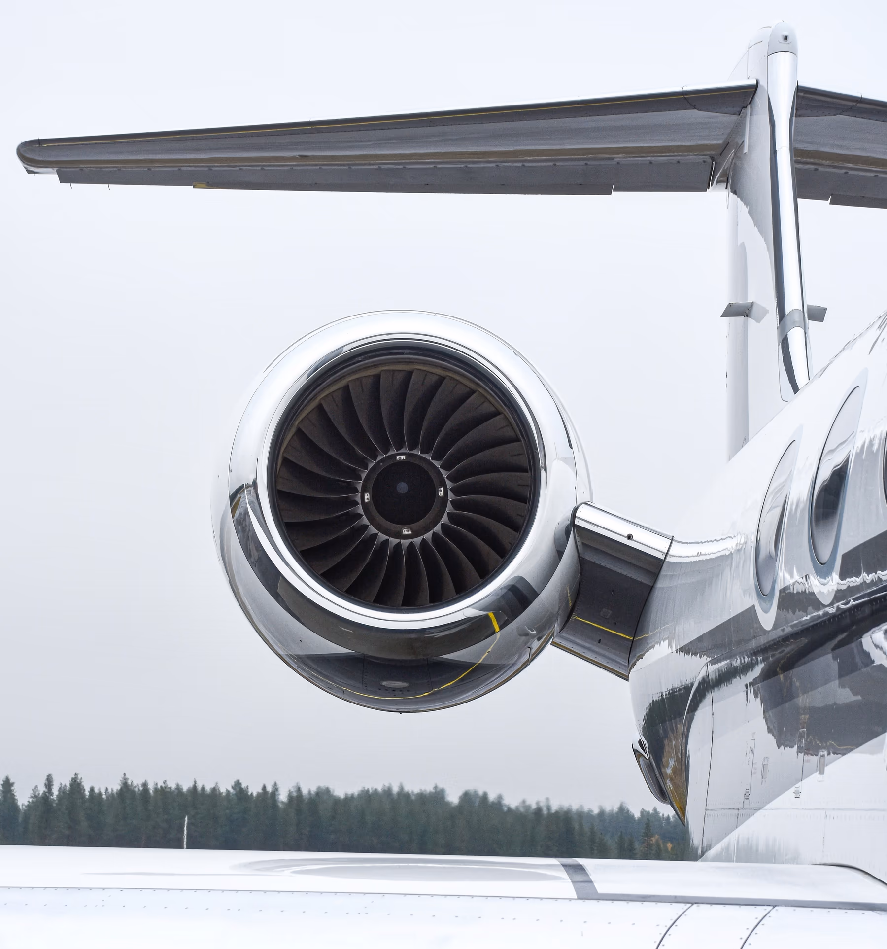 Close-up of a Gulfstream engine and tail at rest with conifer forest behind