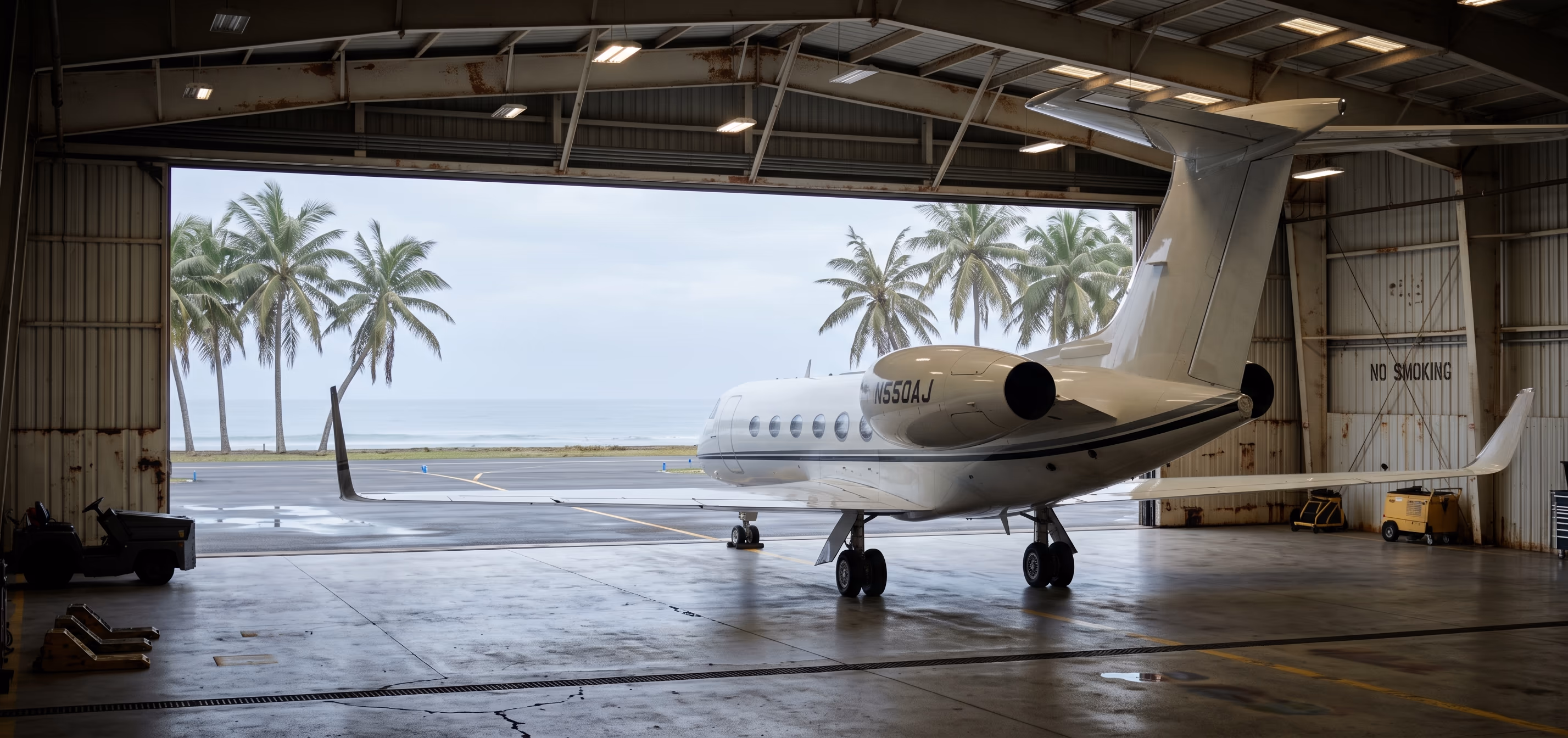 A Gulfstream private jet at rest inside an open tropical hangar, with the apron and ocean visible through the open door